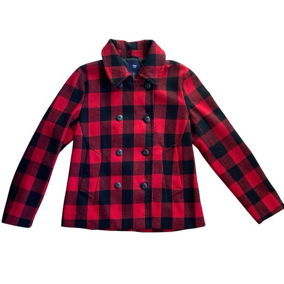 GAP Tea Plaid Buffalo Check Wool Pea Coat Size S Red Black Double Breasted Twee - Picture 5 of 11